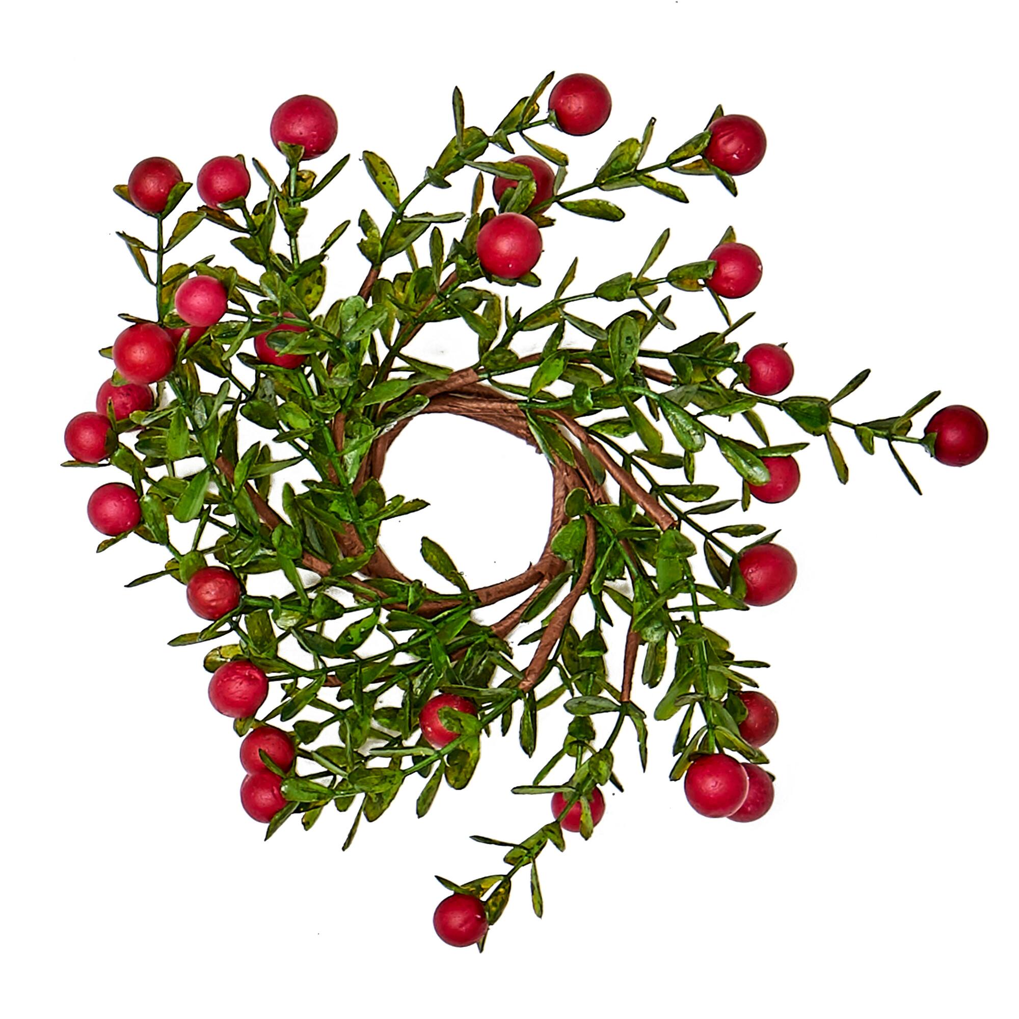 1.25" Artificial Christmas Boxwood & Berry Candle Rings, 2ct.